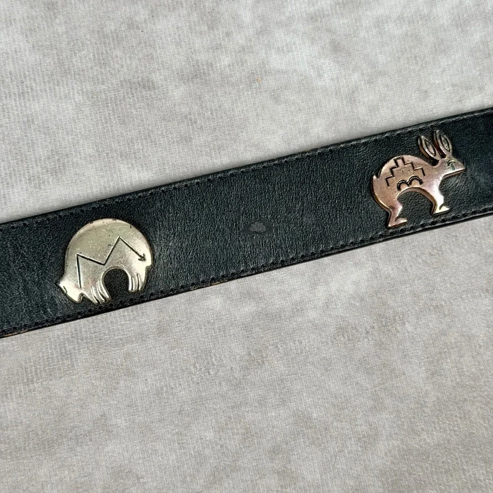 Vintage Silver Creek Black Leather Western Bull Skull Concho Belt 1990 USA Made